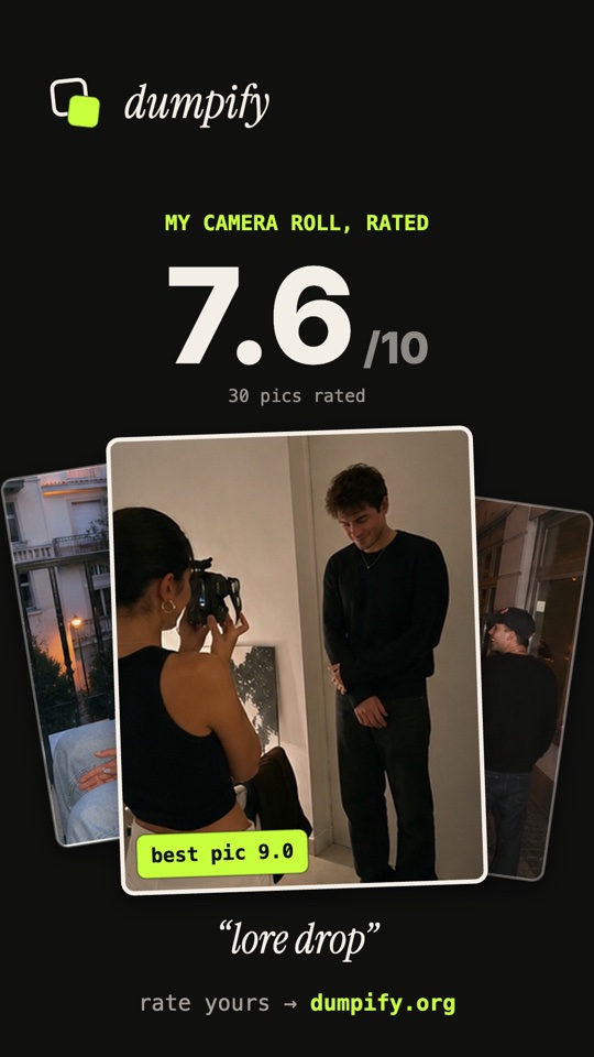 the shareable scorecard — this camera roll rated 7.6 out of 10
